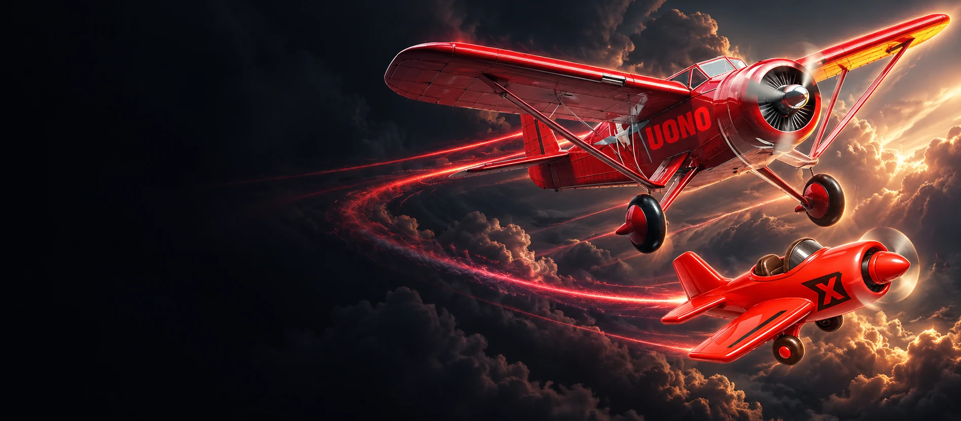 UONO Aviator's red biplane and UONO Aviator 2's cartoon aircraft flying through dark clouds